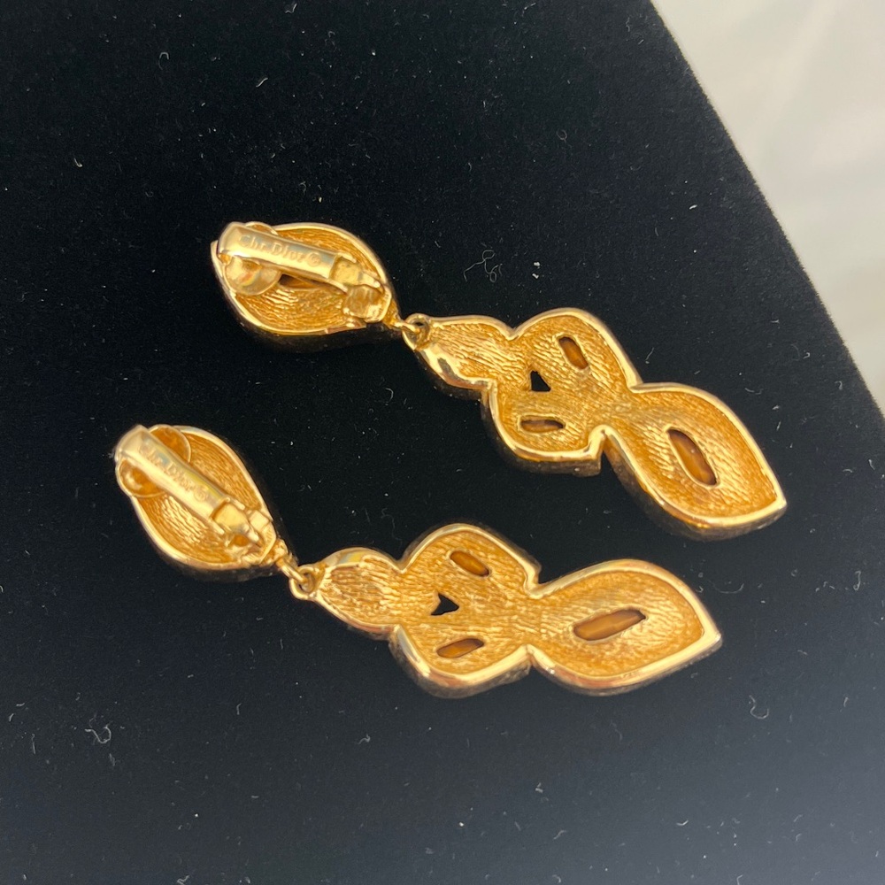 Christian Dior Crystal Drop Gold Toned Earrings Signed Dangle Statement Vintage - Picture 3 of 8